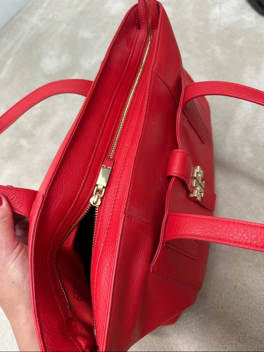 Tory Burch Red Pebbled Leather Tote with Gold Logo